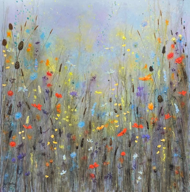 Red, yellow and blue wild flower painting by Jo Starkey