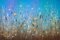 Summer meadow painting with yellow poppies.