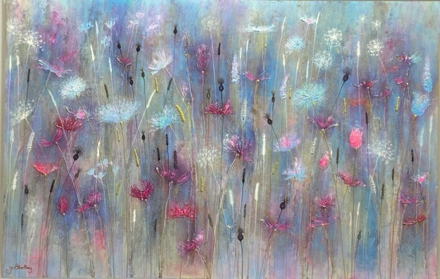 Light blue and pink wild flower painting