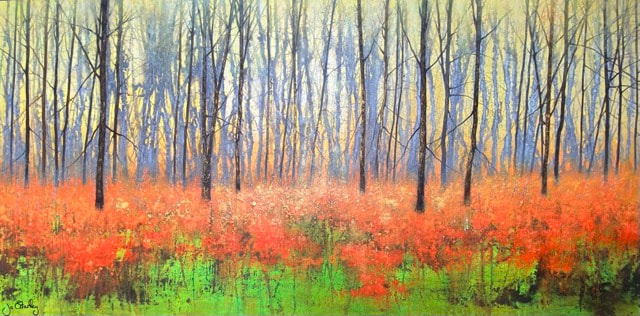 Sunlit autumn forest painting by Jo Starkey