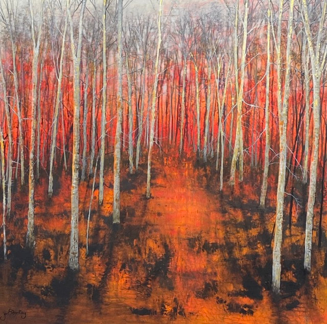 Red forest with silver birch trees by Jo Starkey