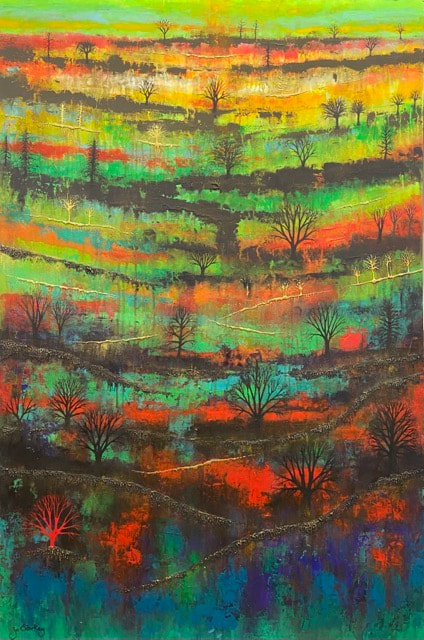 Abstract layered landscape painting by Jo Starkey