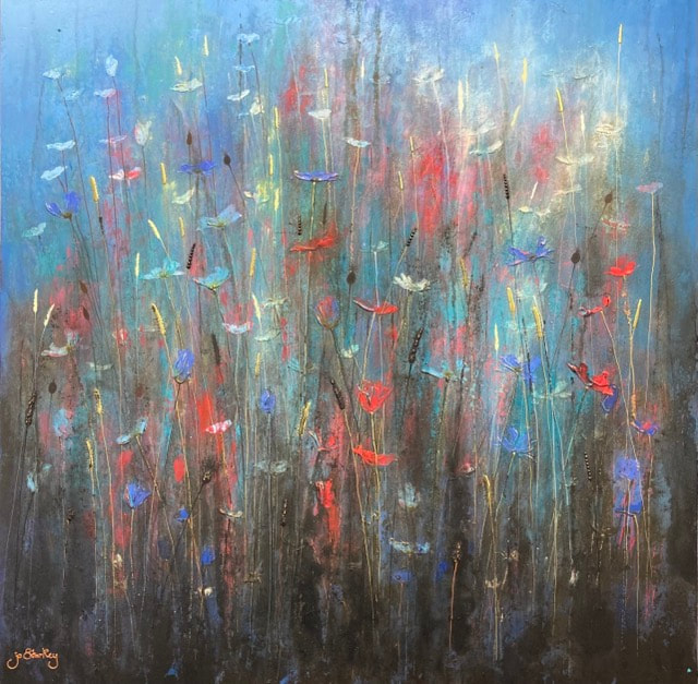 Blue and red wild flower painting by Jo Starkey