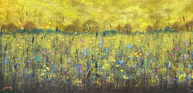 yellow meadow landscape painting by Jo Starkey