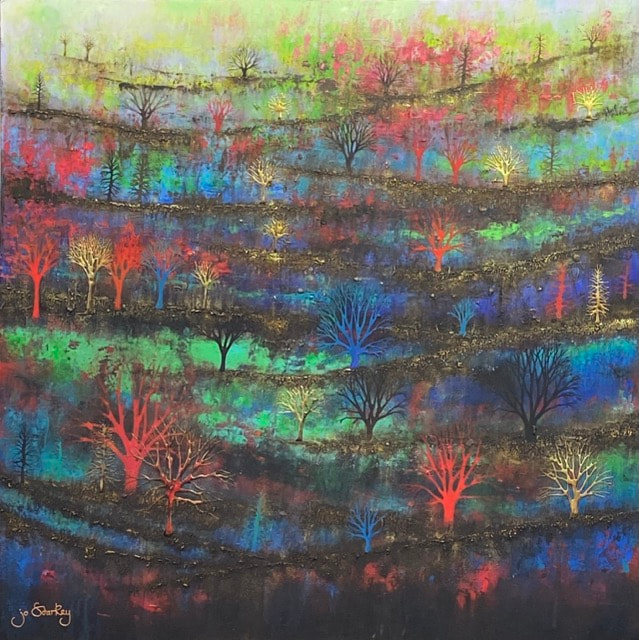 Abstract rural layered landscape painting by Jo Starkey
