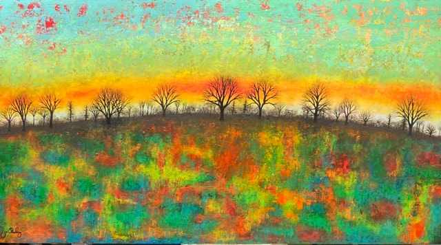 Colourful abstract rural landscape painting by Jo Starkey